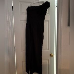 Women S Petite Shein 1 Shoulder, Flower Strap, Wide Leg Jumpsuit, Romper, Black